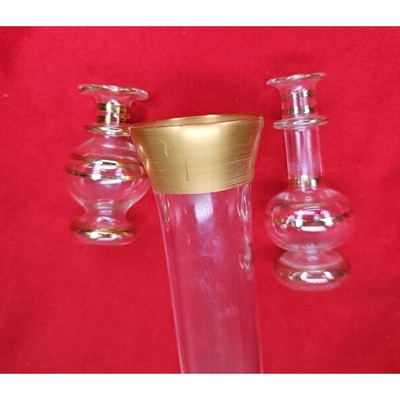 Crystal Bud Vase Set of 3 Gold 24K Trim Mini Footed Slender Flute - Picture 9 of 13